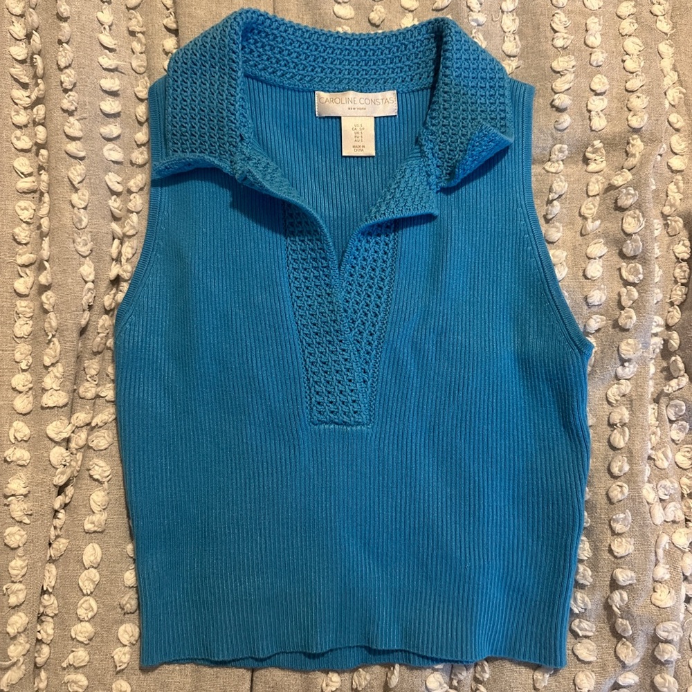 Caroline Constas Ribbed Polo Crochet Tank Top Blue